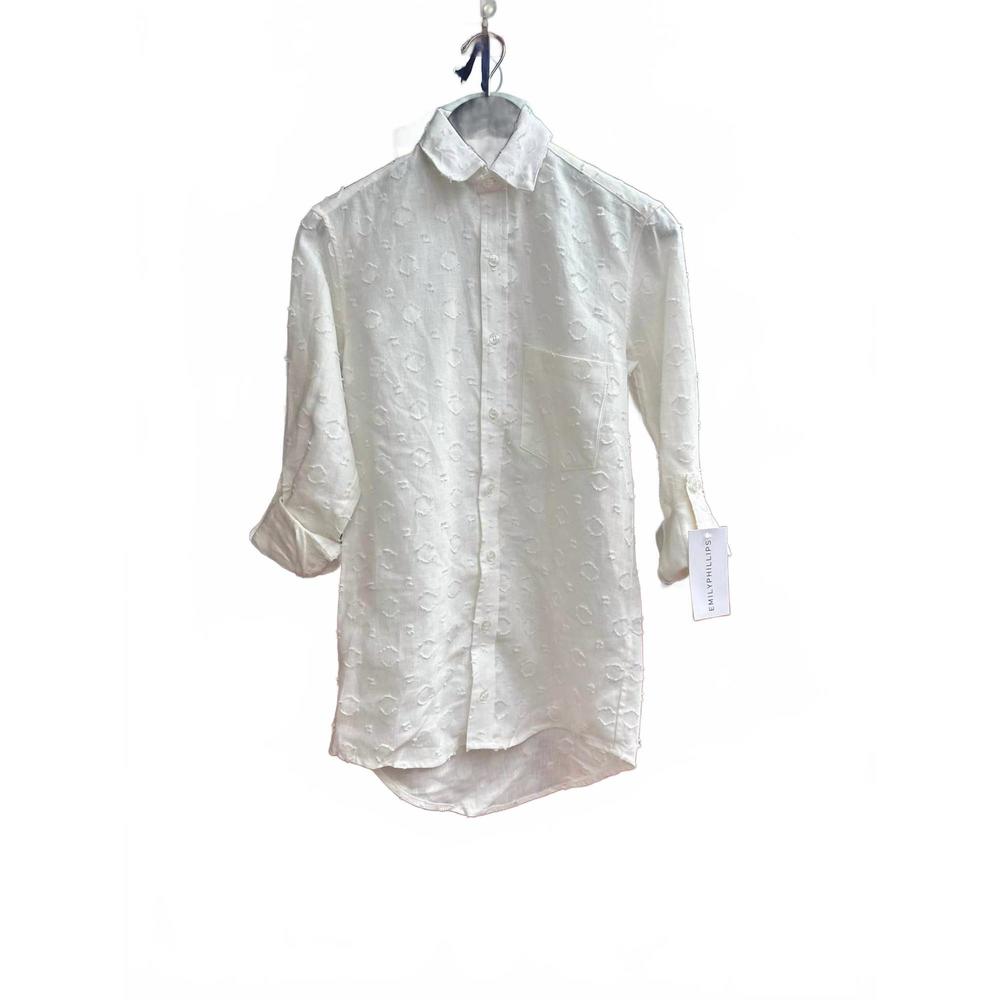 NEW EMILY PHILLIPS women's girlfriend linen button down textured shirt in ivory